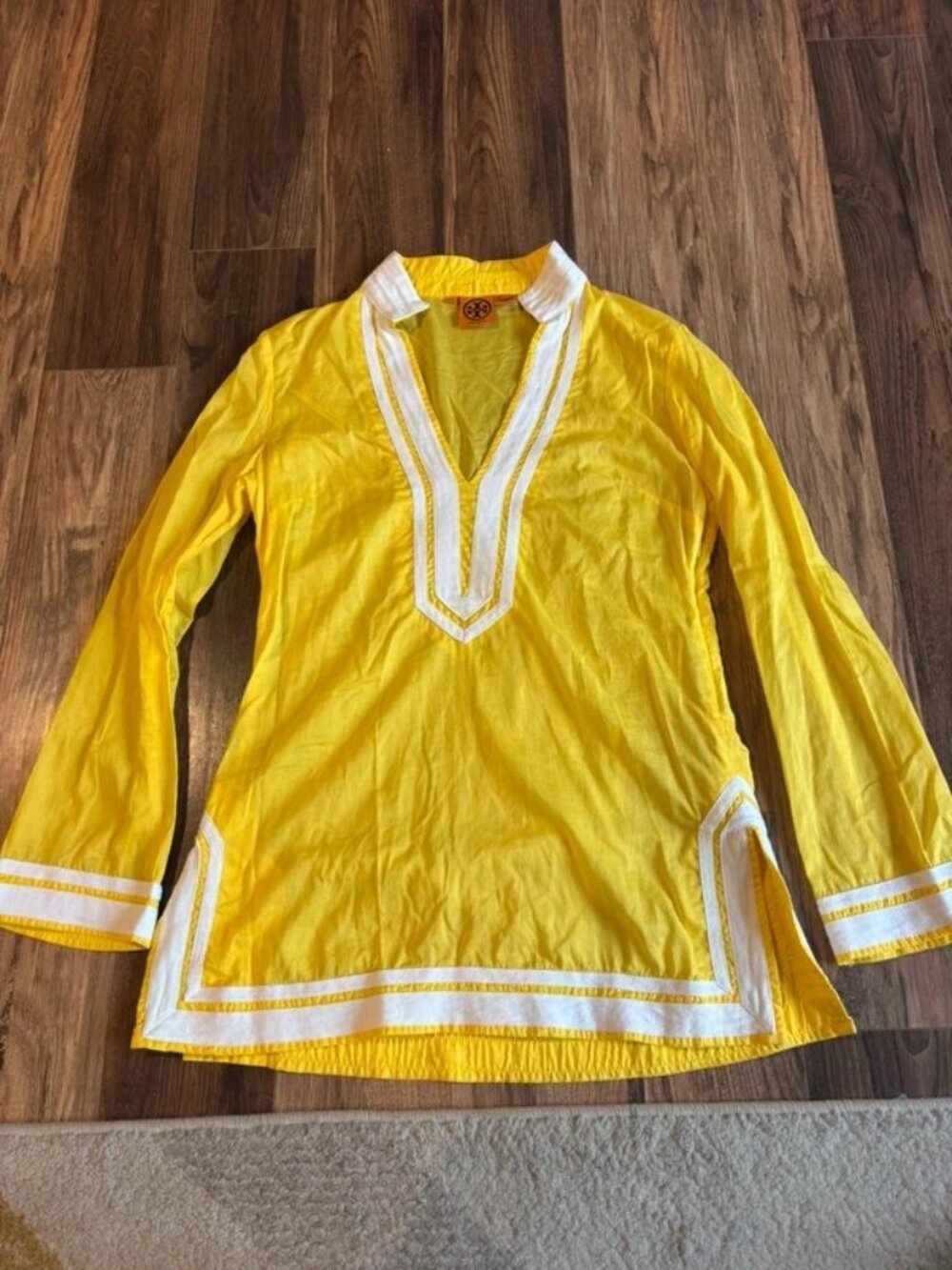 Tory Burch Sunshine Yellow Cotton Tunic Top S Split V-Neck White Trim Coverup